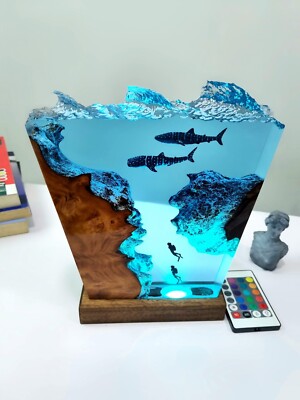 Ocean Resin Lamp, Whale Shark and Diver Resin Wood Lamp, Deep Blue Sea Lamp