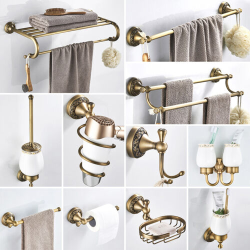 Antique Brass Carved Bathroom Accessories Bathroom Hardware Set Towel Shelf Bar - Picture 1 of 42