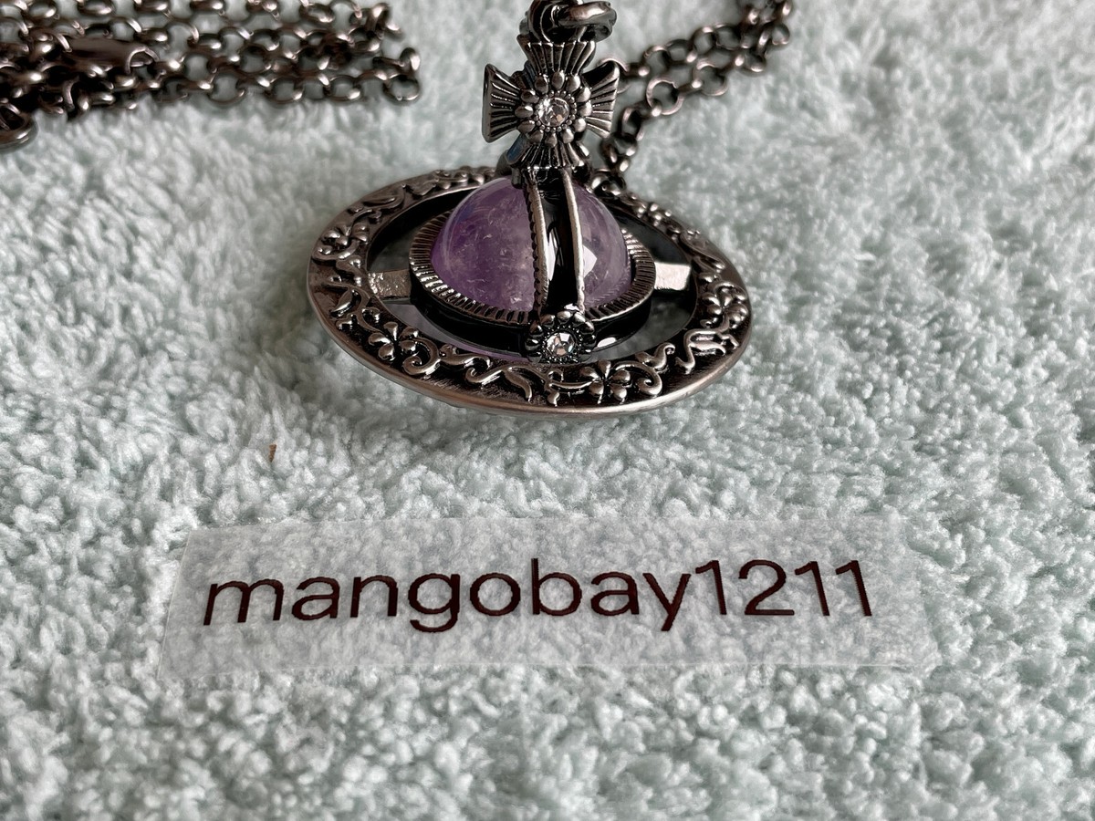 021001 Vivienne Westwood ガンメタ パープル ハート Vivienne Weatwood Purple Diamante Heart Necklace Silver Near