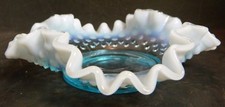 Vintage Fenton Blue Opalescent Hobnail Ruffled Glass Footed Bowl 1.5" x 5.75" Ex