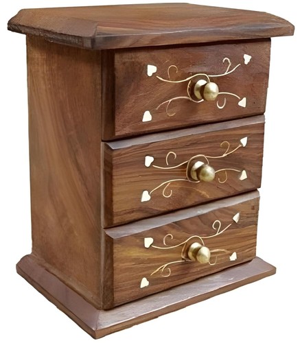 Portagioie in legno 3 cassetti con lavoro in ottone, organizer da scrivania, 4,6 x 3 x 6 pollici - Foto 4 di 8