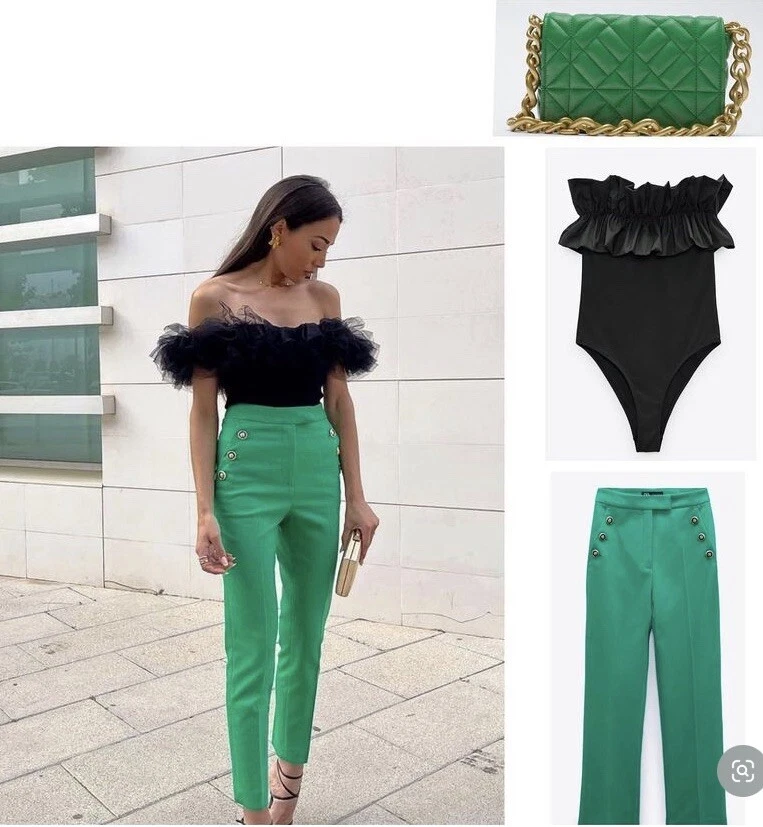 ZARA NEW WOMAN BOTTLE GREEN BUTTONED STRAIGHT LEG PANTS 9929/020