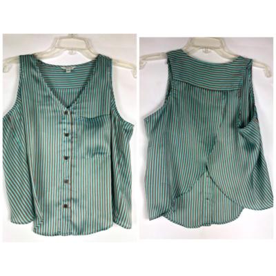 I Love H81 Womens top Size S Green Stripe Sleeveless Button Down Overlap back 60