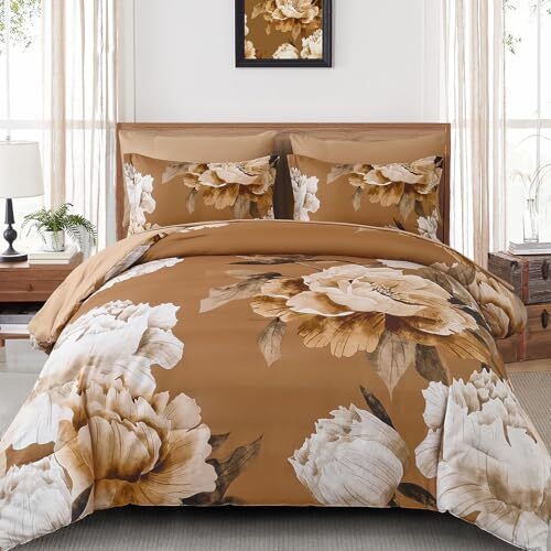 Comforter Set Size 7 Piece Bed in a Bag, Floral Printed on Queen Brown