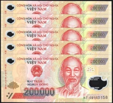 5 X 200K 1,000,000 Vietnamese Dong VND Polymer Notes + 1 Million Bolivar FREE !!