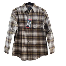 Pendelton Mens Medium Mason Plaid Flannel Shirt Brown White Tan 100% Cotton NWT
