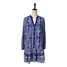 Zara Dress V-neck Button Front Long Sleeve Blue White Floral Women’s Size Small