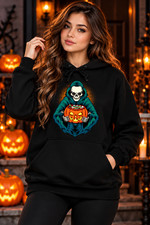 Women's Halloween Hoodie, Black Cotton Fleece Grim Reaper Pumpkin Graphic Pullov