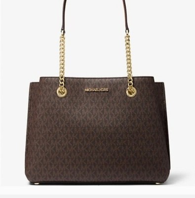 Michael Kors Brown Signature Logo Shoulder Bag Gold Hardware Snap Zip