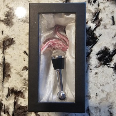 NWB Essential Brands Hand Blown Art Glass Wine Bottle Stopper Pink Flamingo 5''