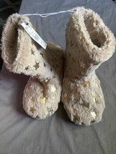 Girls Brown Stars Faux Fur Lined Bow Bootie Slippers Slip On Sz 3