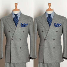 Grey Men's Suit Woolen Peak Lapel Autumn Regular Fit Autumn Tuxedo Jacket 2Pcs