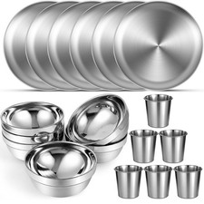 6 Sets Stainless Steel Plates Bowls and Cups 304 Metal Camping Stainless Stee...