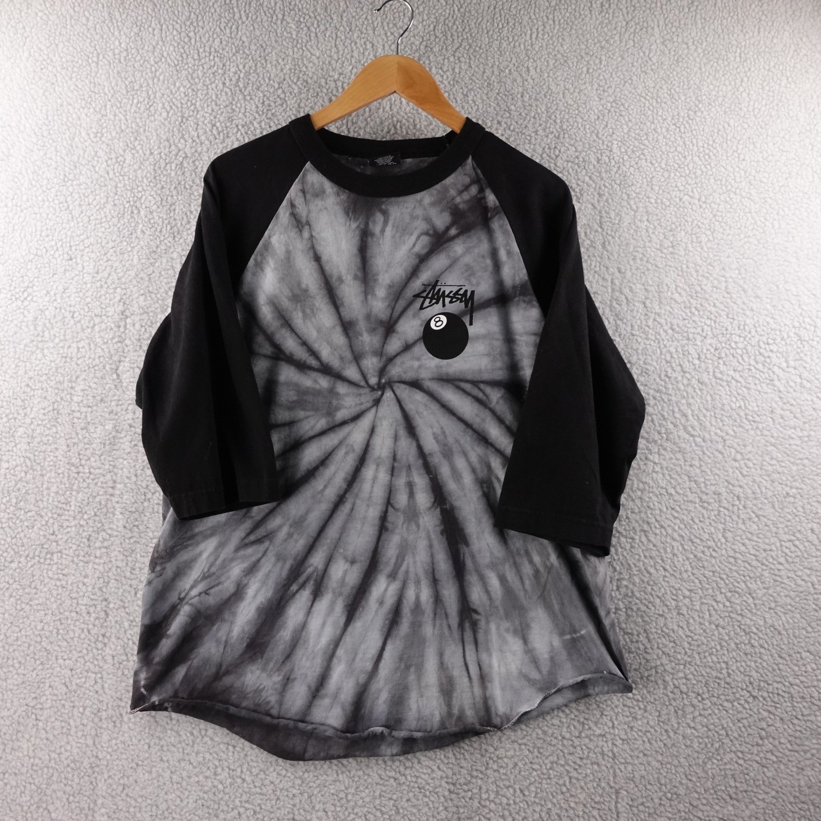 Stussy Mens Large Tie Dye 8 Ball Baseball Tee 3/4 Sleeve Black Grey Tie Dye Y2K