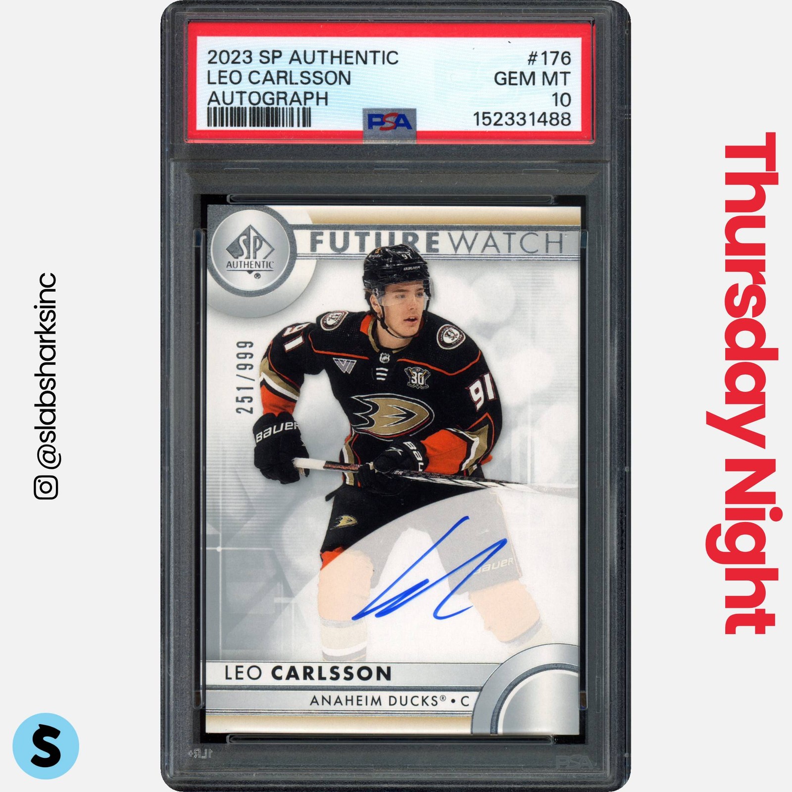 2023 SP AUTHENTIC #176 LEO CARLSSON FUTURE WATCH AUTO RC ROOKIE /999 PSA 10 view 1