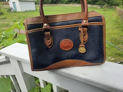 Vintage Dooney & Bourke Navy Cognac Pebble Leather Satchel Handbag Bag Purse