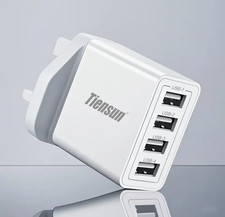 USB"TIENSUN" Brand Mains Plug Adaptor,4 x Multiple Ports,Fast Charging,2 colours