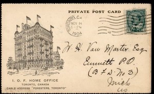 DR WHO 1904 CANADA IOF OFFICE POSTCARD PPC TORONTO ONT TO USA R82024