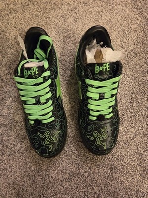 A Bathing Ape Razer x Bapesta BAPE Shoes Mens 9 Black Neon Green Sneakers-New