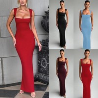 Summer Women's Square Neck Maxi Dress Bodycon Long Sleeveless Party Dresses SIZE