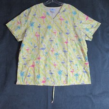 SB Scrubs Top Womens XL Yellow Short Sleeve Flamingo Nurse Medical Doctor