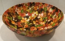 Large Vintage Fiberglass Bowl Mid Century Floral Orange Brown Green 13 1/2”