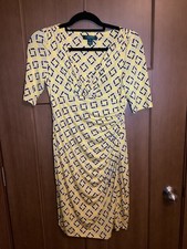 Lauren Ralph Lauren Faux Wrap Cinch Waist V Neck Dress Size 4P Yellow Navy