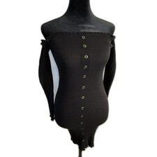 Windsor Black Ribbed Off-Shoulder Mini Dress — Gold Eyelet Detail