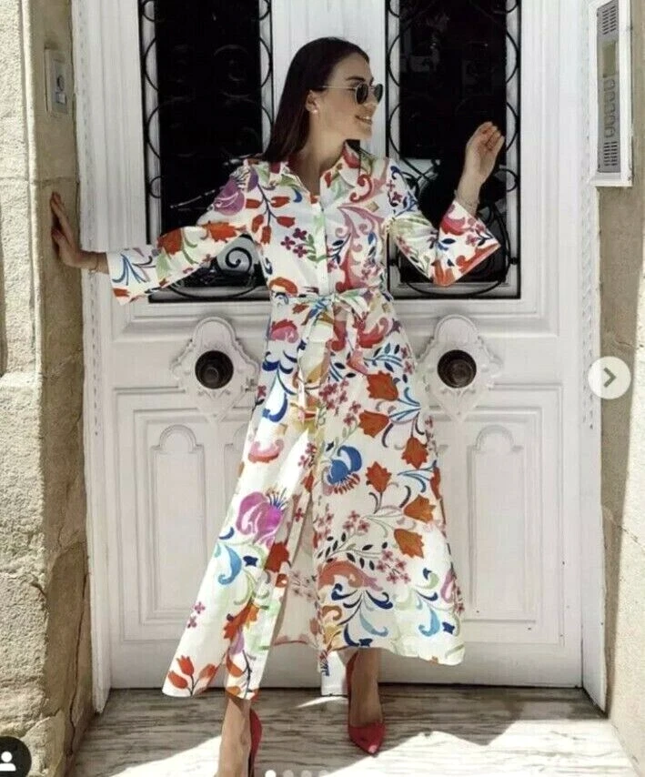 OFF WHITE ABITO CAMICIA ESTIVO MIDI ZARA OFF WHITE AVORIO STAMPA MULTI FLOREALE TAGLIA XS 8 36