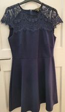 LIPSY MINI DRESS WITH LACE TOP AND LACE CAP SLEEVES - NAVY - SIZE 14