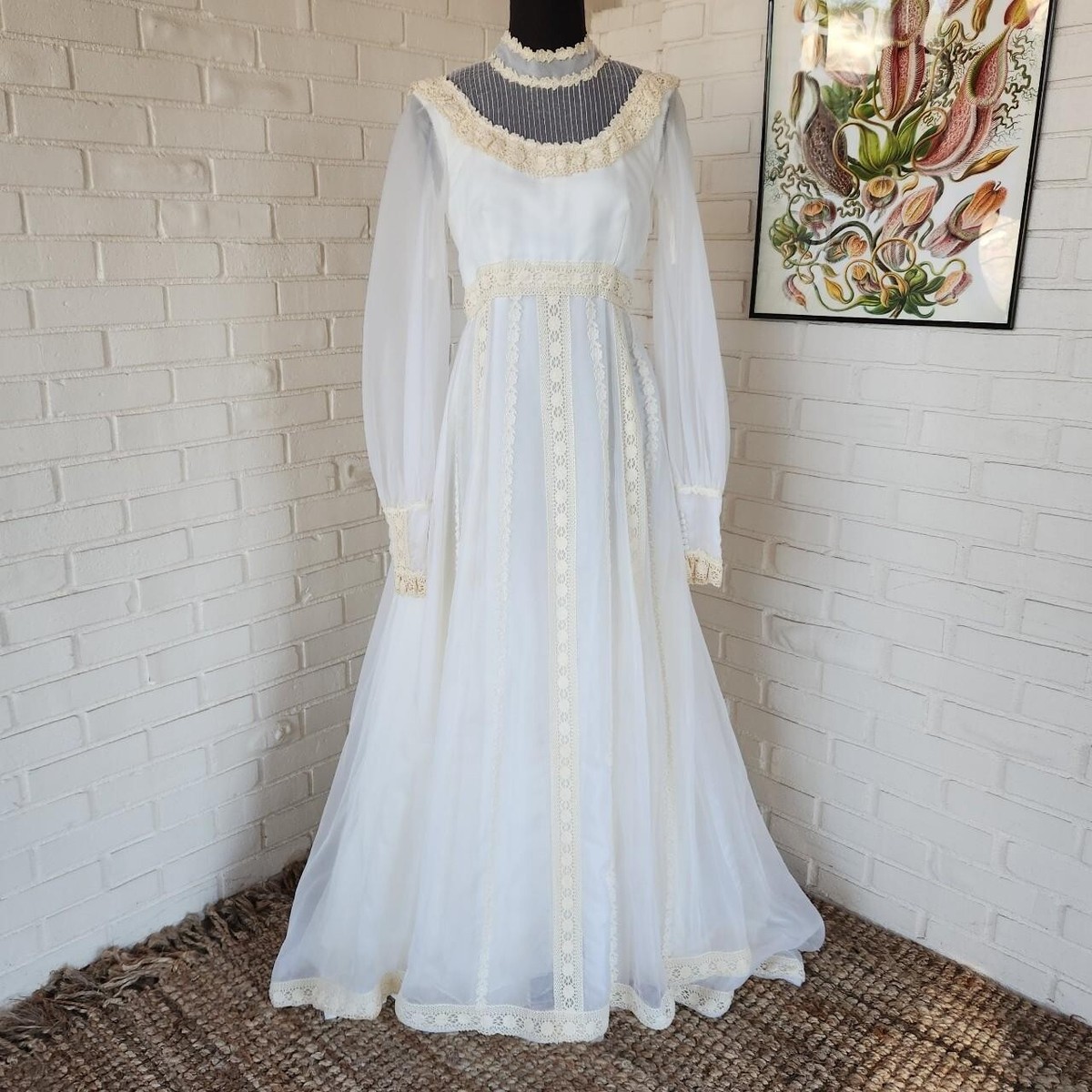 Vtg White 60s 70s Lace Victorian Boho Wedding Dress Long Sleeve