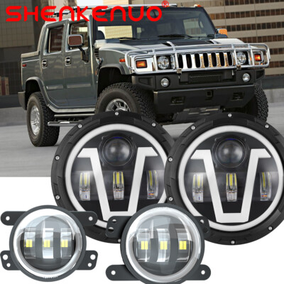 For Hummer H2 H3T 05-10 7'' INCH Halo LED Headlight DRL&4'' Fog Lights Combo Kit