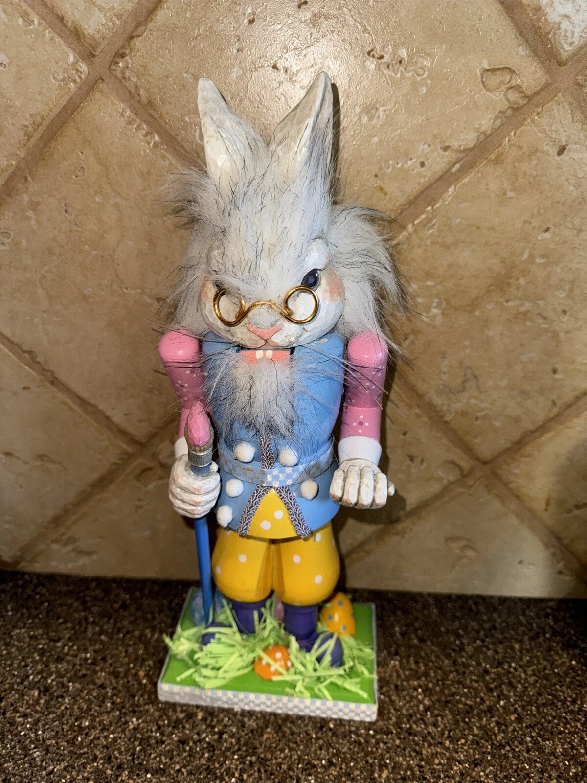 Easter Bunny Nutcracker Rabbit Easter Vintage Pastel Eggs FLAWS READ NO BASKET