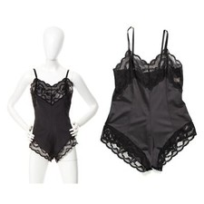 Vintage 1970s 1980s Bodysuit Black Nylon Lace High French Cut Nightie Lingerie