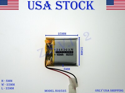 3.7V 400mAh 802525 Lithium Polymer LiPo Rechargeable Battery (USA STOCK)