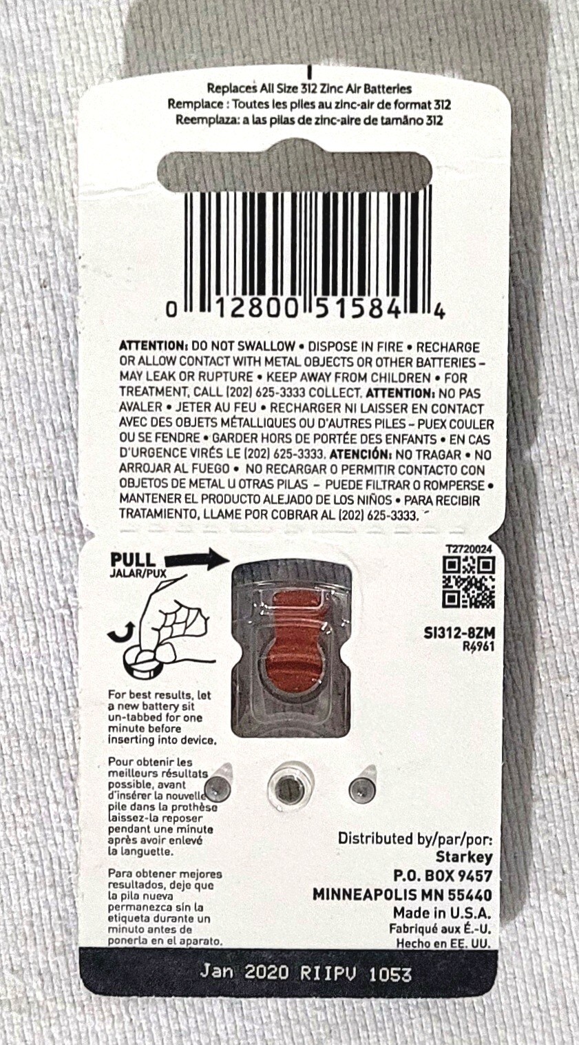 Genuine Lot Of 8 Starkey Hearing Aid Battery Size 312 1.45v EXP 2020 eBay