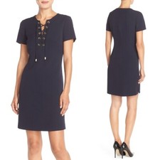 Eliza J Navy Blue Lace UP Grommet dress M 8 Career Cocktail Excellent Preppy Wow