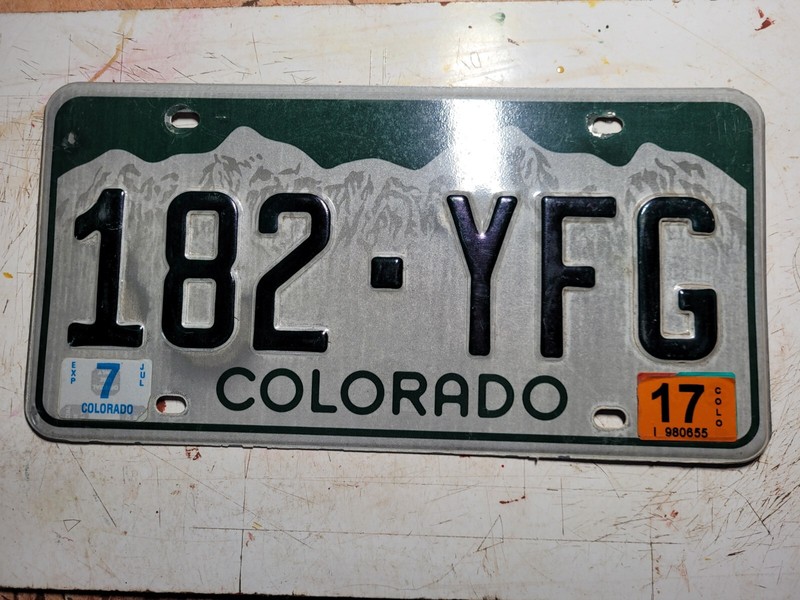 2017 Colorado license plate number 182 YFG