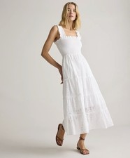 Quince White Eyelet Sundress Medium White Smocked Tiered Midi Dress Coastal