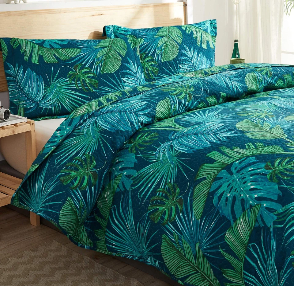 Juego de colcha con estampado de hojas de palmera verde tropical - Luz reversible tamaño king... Foto 3 de 4