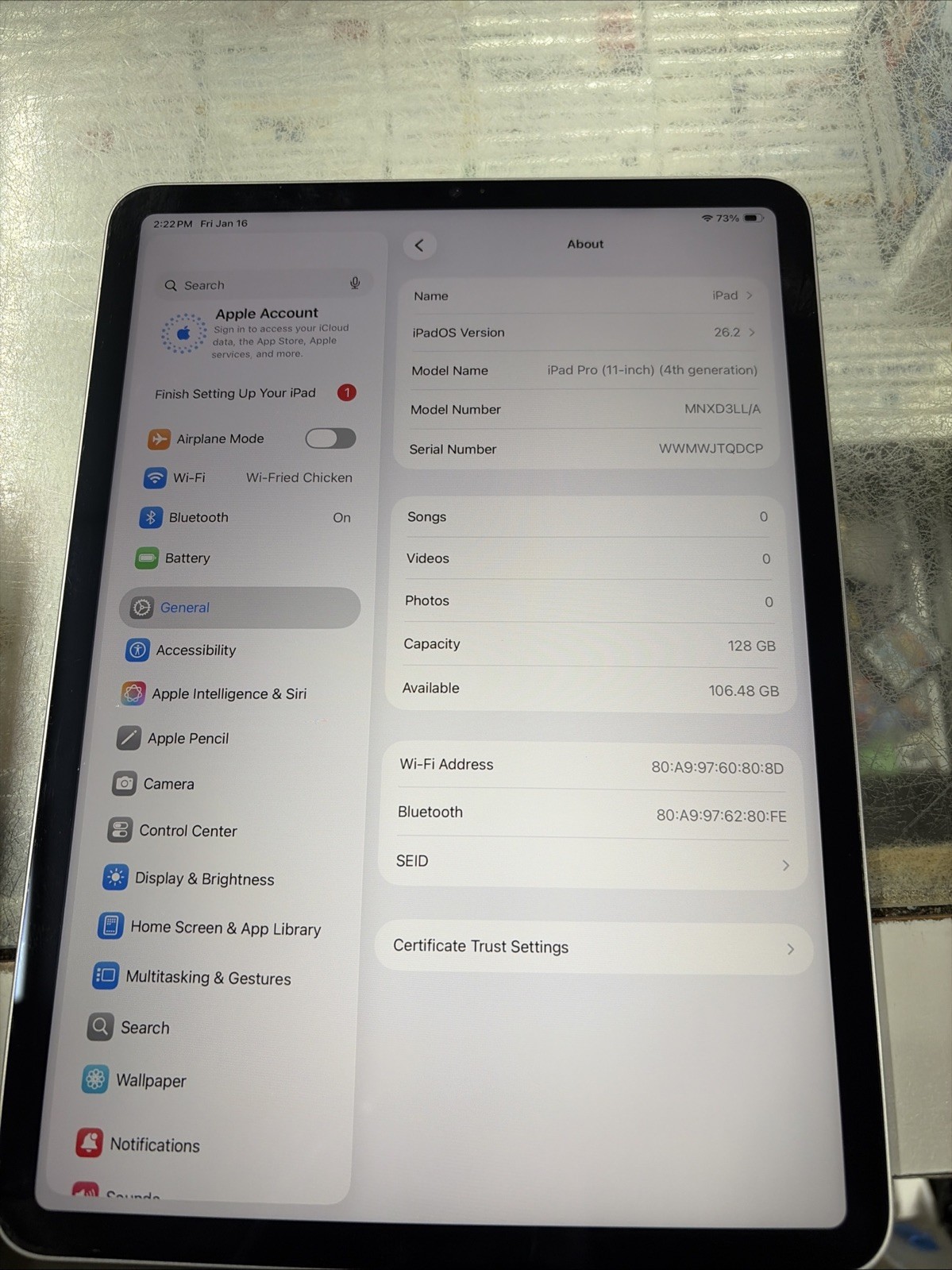 APPLE IPAD PRO mnxd3ll/a 4th generation 128gb storage (M2) Cellular Tested