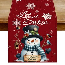 Christmas Decorations Snowman Snowflakes Let It Snow Red Table Runner 13x72"