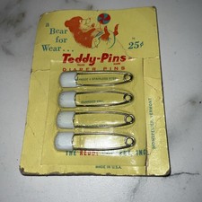 Teddy-Pins Diaper Pins By The Reddy Vintage NIP Safety Lock Head Stainless