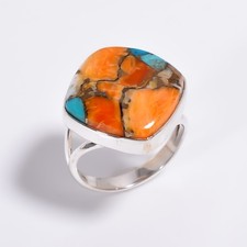 Orange Spiny Oyster Turquoise Ring 925 Sterling Silver Handmade Rings Jewelry