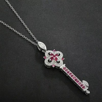 Delicate 2.40Ct Round Cut Red Ruby Key Pendant 14K White Gold Plated Free Chain