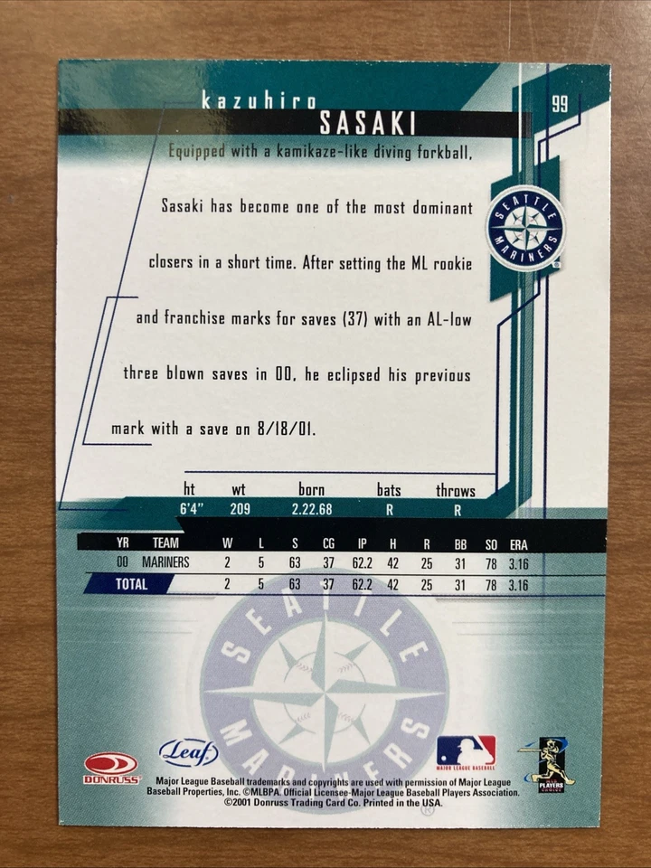 2001 Leaf Rookies And Stars Kazuhiro Sasaki #99   Mariners - Image 2 of 2