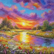 Original Oil Impressionist Landscape Painting Sunset River Floral Canvas Art