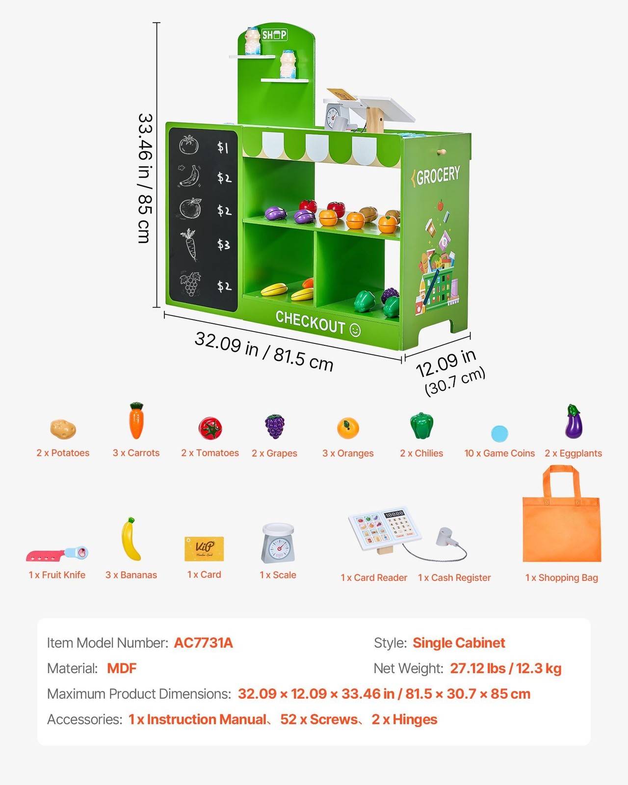 как выглядит VEVOR Kids Grocery Store Playset Wooden Play Market Stand with Cash Register фото