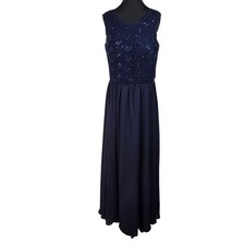 Mori Lee Madeline Gardner Navy Blue Sequin Lace Chiffon V-Back Maxi Gown Size 16