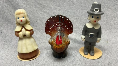 Gurley Vintage 1950's Thanksgiving 2 Pilgrims And 1 Turkey, Wax Candles, 5" Tall - product listing photo